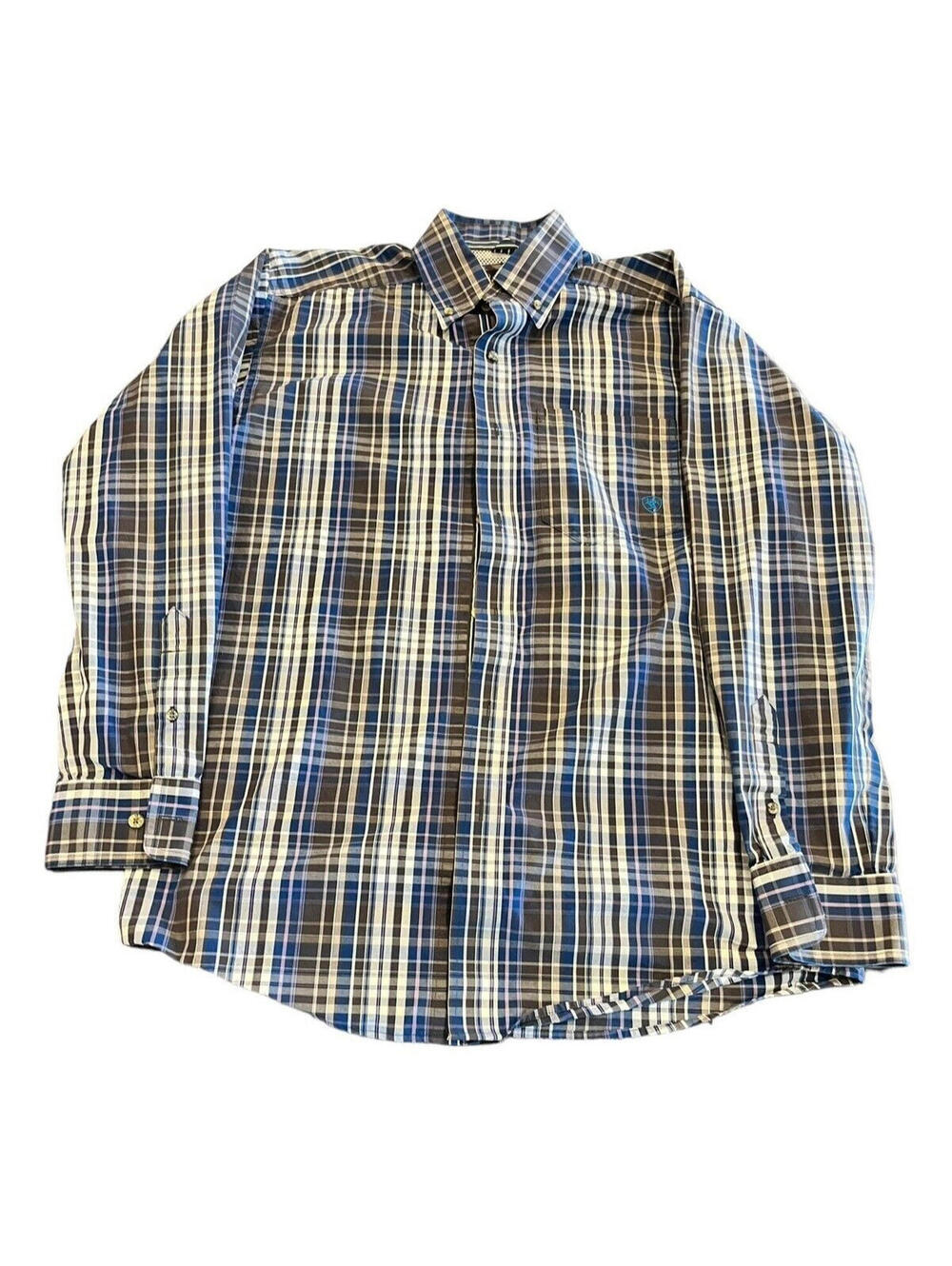 Ariat Shirt Pro Series Classic Button Down Men Size Small Plaid Long Sleeve Blue